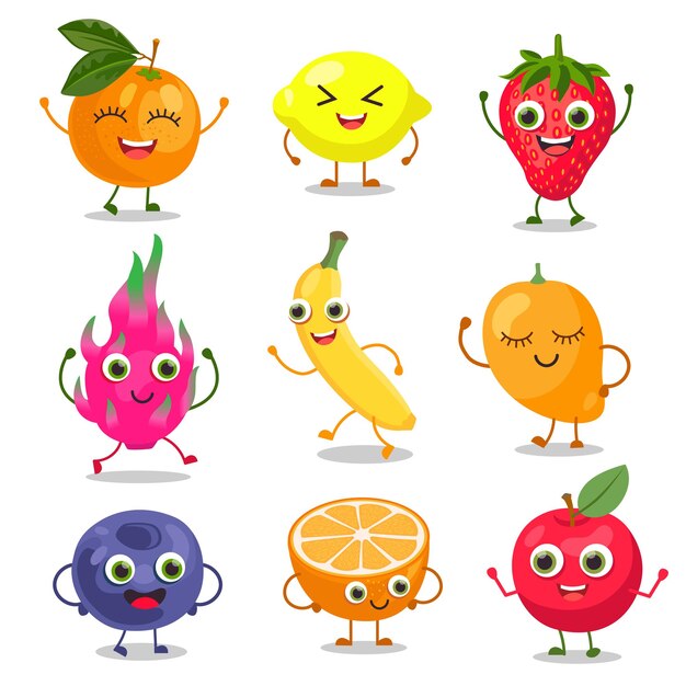 Conjunto de ilustraciones de personajes de dibujos animados de frutas y bayas lindas. Pegatinas de cómic con divertidas caricaturas de personajes felices de limón, naranja, mango, fresa aislados en blanco