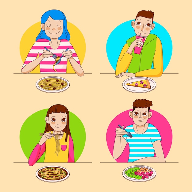 Vector gratuito conjunto de ilustraciones de personas comiendo dibujadas a mano