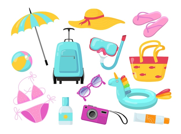 Conjunto de ilustraciones planas de accesorios y equipos de vacaciones de verano