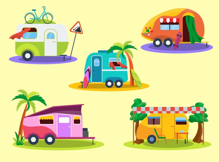 Vector gratuito conjunto de ilustraciones planas de camper vans vintage