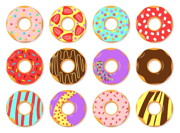 Conjunto de ilustraciones planas de donuts glaseados coloridos