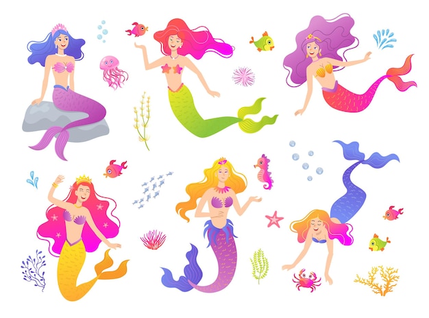 Conjunto de ilustraciones planas de personajes de dibujos animados de sirena. Hermosas criaturas míticas con animales submarinos, peces, caballitos de mar aislados en blanco