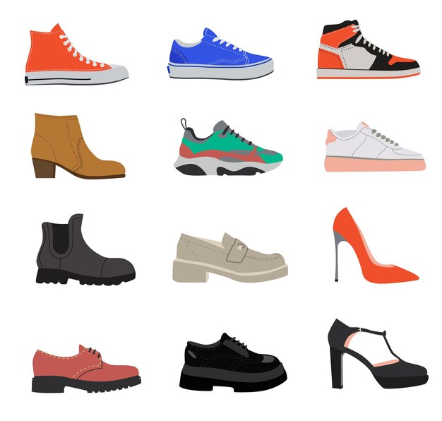 Conjunto de ilustraciones planas de zapatos femeninos al azar. Calzado de verano, otoño e invierno para mujer, mocasines, botas, zapatillas, tacones aislados en blanco