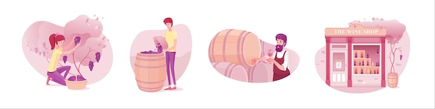 Conjunto de ilustraciones de producción de vino paquete de imágenes prediseñadas aisladas de la industria de la bodega Recopilación de fermentación de uva degustación de alcohol pasos del proceso de elaboración del vino