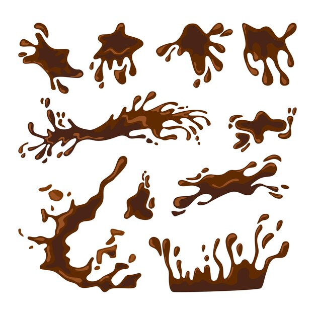 Conjunto de ilustraciones de salpicaduras de café o chocolate caliente
