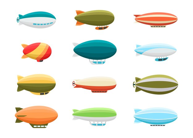 Conjunto de ilustraciones de vectores de aeronaves de diferentes colores. Colección de zepelines o dirigibles retro, naves aéreas de pasajeros aisladas en fondo blanco. Transporte, turismo, concepto de la industria de la aviación.