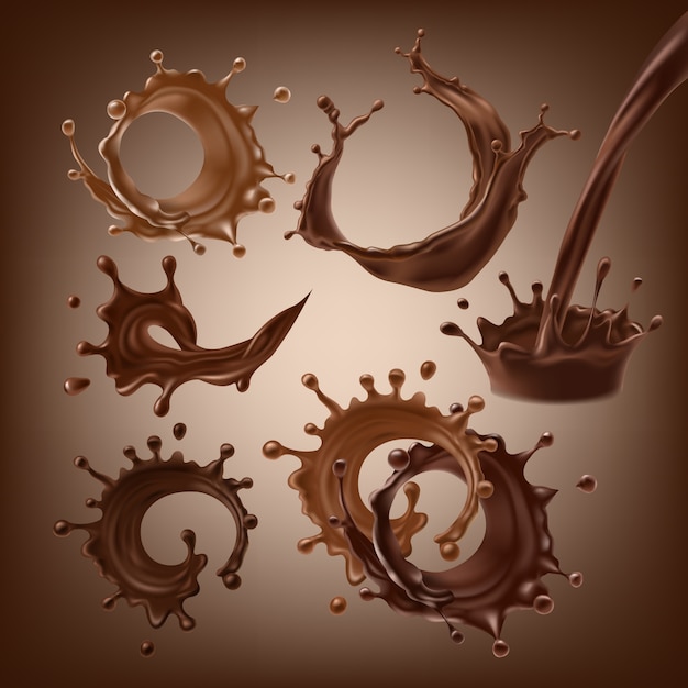 Conjunto de ilustraciones vectoriales 3D, salpicaduras y gotas de chocolate oscuro y chocolate con leche, café caliente, cacao