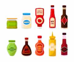 Vector gratuito conjunto de ilustraciones vectoriales de botellas y frascos de diferentes salsas