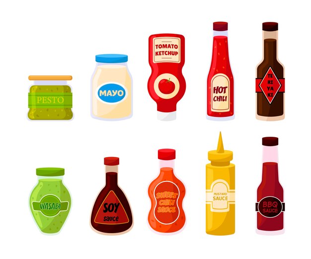 Conjunto de ilustraciones vectoriales de botellas y frascos de diferentes salsas