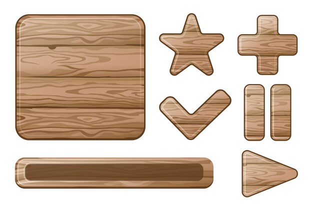 Conjunto de ilustraciones vectoriales de botones de madera de diferentes formas. Reproducir, detener, comprobar, botones de estrella con textura de madera, barra de progreso sobre fondo blanco. Concepto de interfaz de usuario para el diseño de juegos, aplicaciones o sitios web