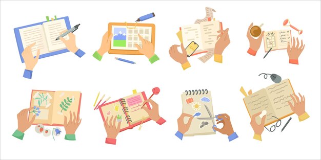Conjunto de ilustraciones vectoriales de diarios y manos. Brazos de oficina o gente de negocios escribiendo en cuadernos con bolígrafos y lápices, haciendo notas y listas de tareas aisladas en fondo blanco. Concepto de planificación