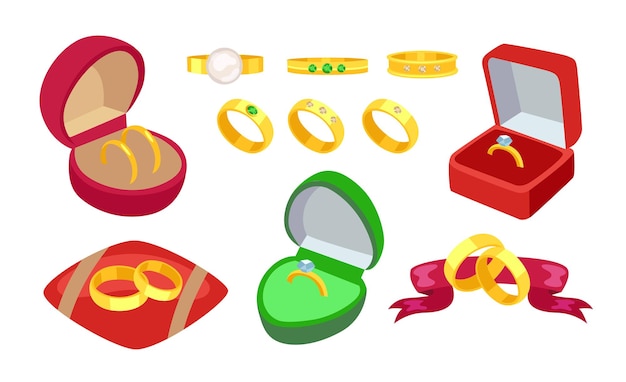Conjunto de ilustraciones vectoriales de diferentes anillos de compromiso dorados. accesorio para boda o propuesta en cajas rojas, anillos con joyas aisladas en fondo blanco. matrimonio, amor, concepto de joyería.