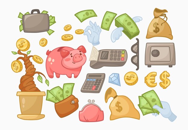 Conjunto de ilustraciones vectoriales de diferentes elementos de dinero divertido