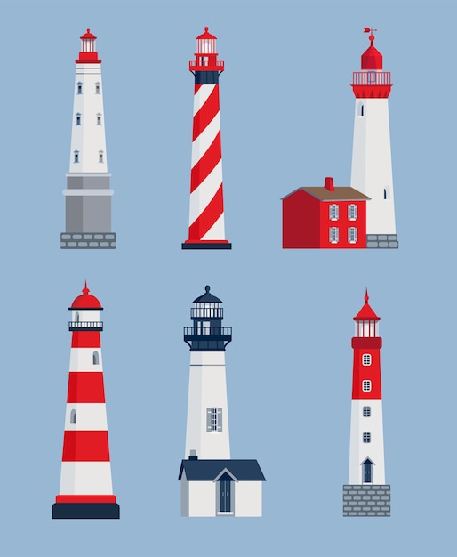 Conjunto de ilustraciones vectoriales de diferentes faros. Colección de dibujos animados de torres junto al mar, balizas náuticas aisladas sobre fondo azul. Arquitectura, viajes, concepto de navegación.