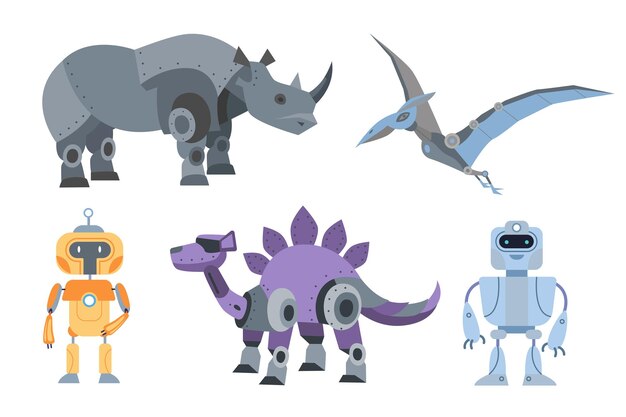 Conjunto de ilustraciones vectoriales de diferentes juguetes mecánicos para niños. Colección de dibujos animados de juguetes robóticos para niños, rinocerontes, robots o cyborgs, animales prehistóricos. Tecnología, concepto de futuro