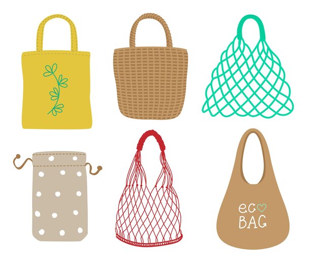 Conjunto de ilustraciones vectoriales de diferentes tipos de bolsas ecológicas. Dibujos de bolsas reutilizables de cero residuos: bolsas de mano, kit, algodón y red aisladas sobre fondo blanco. Medio ambiente, ecología, concepto de reciclaje.