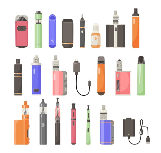 Conjunto de ilustraciones vectoriales de diferentes tipos de cigarrillos electrónicos