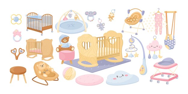 Conjunto de ilustraciones vectoriales de elementos interiores de dormitorio de bebé