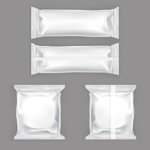 Conjunto de ilustraciones vectoriales de embalaje de plástico blanco para bocadillos