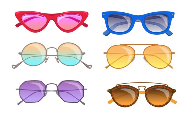 Conjunto de ilustraciones vectoriales de gafas de sol retro de moda. Colección de gafas de sol vintage de moda de diferentes colores y formas aisladas sobre fondo blanco. Moda, accesorios, concepto de verano.