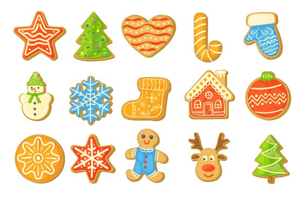 Conjunto de ilustraciones vectoriales de galletas de jengibre caseras. Galletas de diferentes formas: árbol, casa, estrella, calcetín, reno, copos de nieve aislados en fondo blanco. Vacaciones de invierno, comida, concepto de postre.