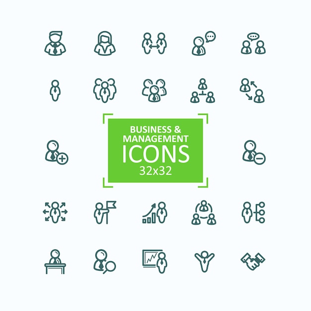 Conjunto de ilustraciones vectoriales línea fina iconos, colección de iconos de personas de negocios, gestión de personal