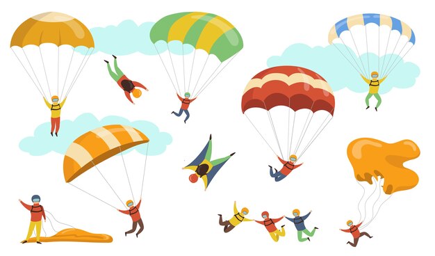Conjunto de ilustraciones vectoriales de paracaidistas. Personas con cascos y máscaras volando con paracaídas y parapentes. Para paracaidismo, hobby de peligro, adrenalina, concepto deportivo