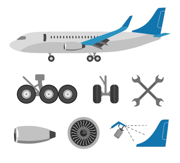 Conjunto de ilustraciones vectoriales planas de avión y diferentes partes. fábrica de aviones, chorro, llaves, ruedas, motor para trabajos de reparación de aviones o aeropuerto. concepto de industria de mantenimiento, aeroespacial o de aviación