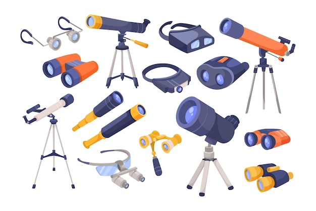 Vector gratuito conjunto de ilustraciones vectoriales planas de binoculares y telescopios