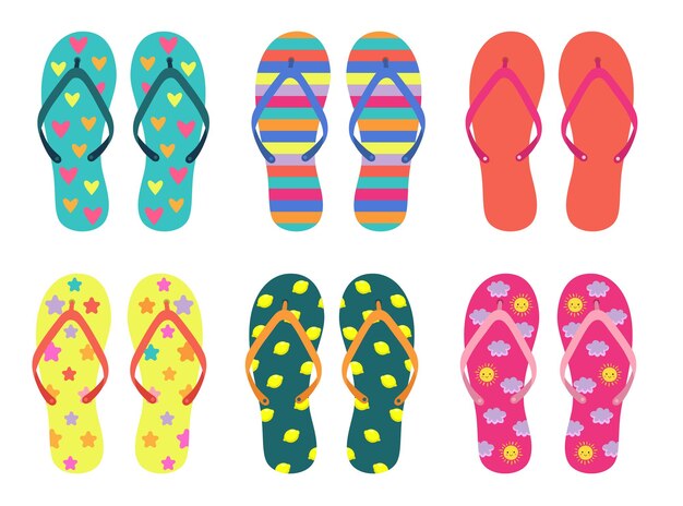 Conjunto de ilustraciones vectoriales planas de chanclas de colores diferentes. Zapatillas de goma con diferentes patrones gráficos para caminar en la calle o en la playa sobre fondo blanco. Calzado, zapatos, concepto de verano.