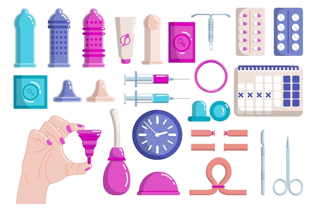 Conjunto de ilustraciones vectoriales planas de diferentes anticonceptivos