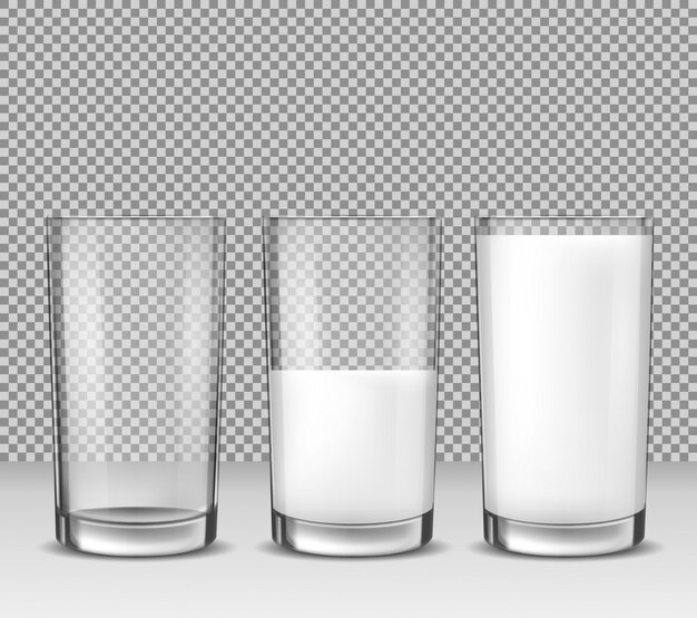 Conjunto de ilustraciones vectoriales realistas, iconos aislados, vasos de vidrio vacía, medio lleno y lleno de leche, productos lácteos