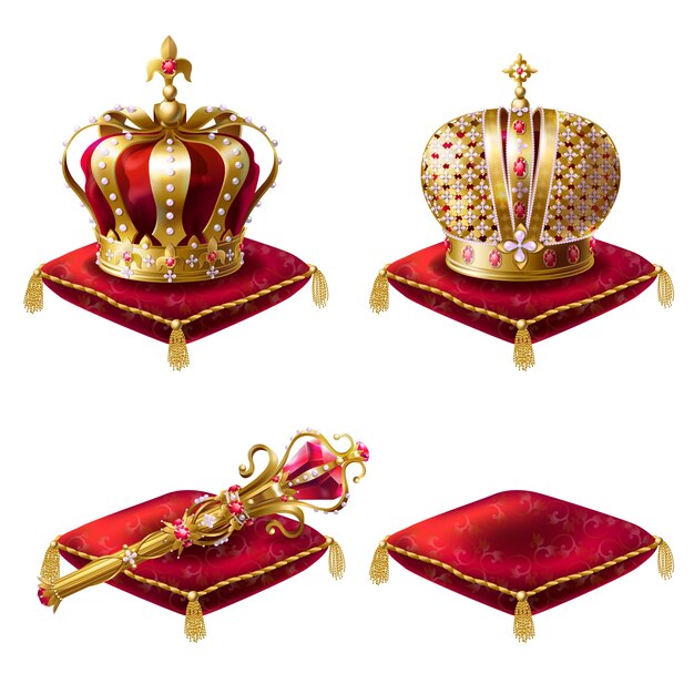 Conjunto de ilustraciones vectoriales realistas, iconos de la corona real dorada, cetro real y almohadas ceremoniales de terciopelo rojo