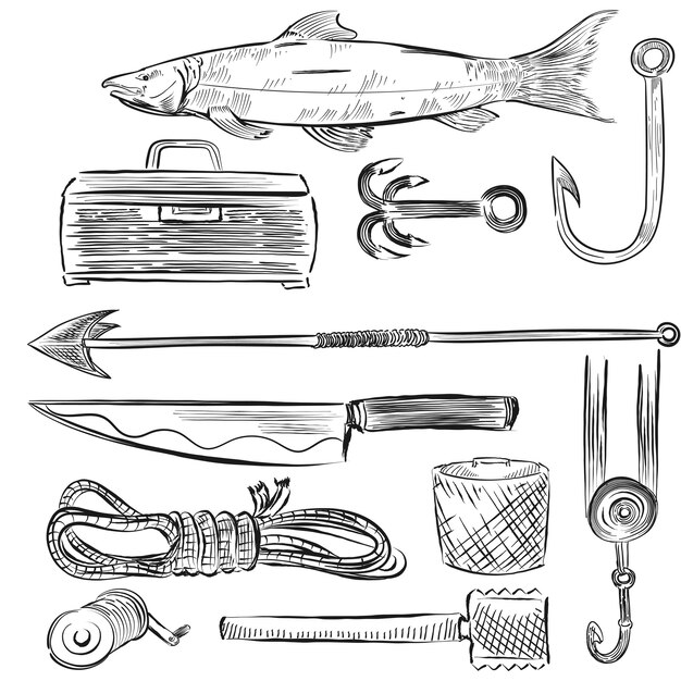 Conjunto ilustrado de equipos de pesca