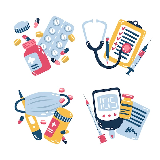 Conjunto ilustrado de pegatinas médicas.