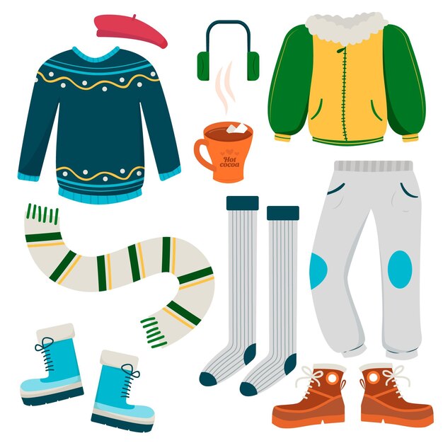 Conjunto ilustrado de ropa de invierno.