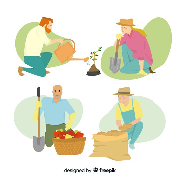 Conjunto ilustrado de trabajadores agrícolas de diseño plano