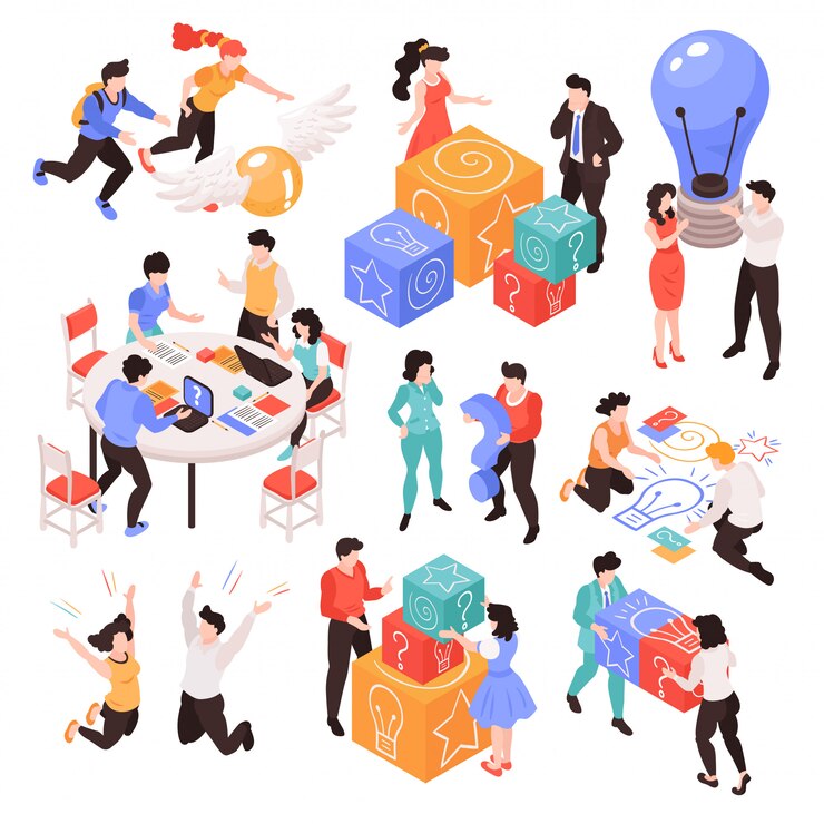 Vector gratuito conjunto de imágenes aisladas con trabajo en equipo isométrico lluvia de ideas situaciones de proceso creativo con personajes humanos y diversos elementos ilustración vectorial