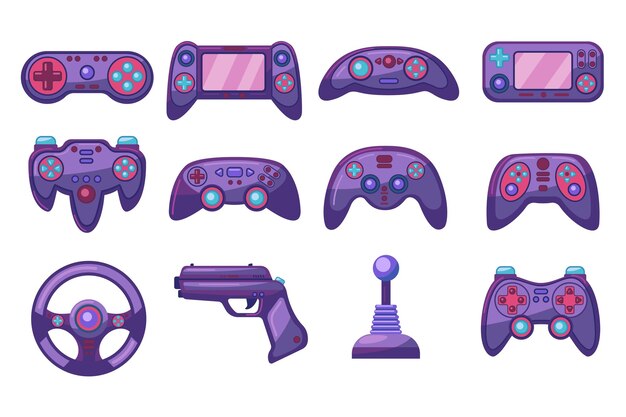 Conjunto de imágenes planas de joysticks de computadora de colores brillantes