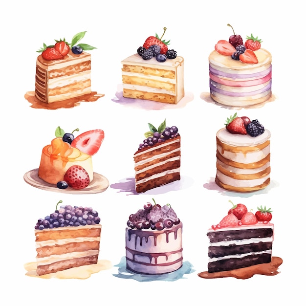 Un conjunto de imágenes prediseñadas de acuarela de pasteles y rebanadas de pastel limón fresa y cereza