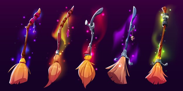 Conjunto de imágenes prediseñadas de escoba de bruja vectorial para juego de fantasía