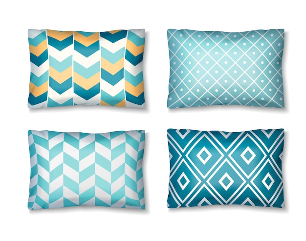 Conjunto de imágenes realistas aisladas con almohadas de diferentes colores y adornos de patrón en la ilustración de vector de fondo en blanco