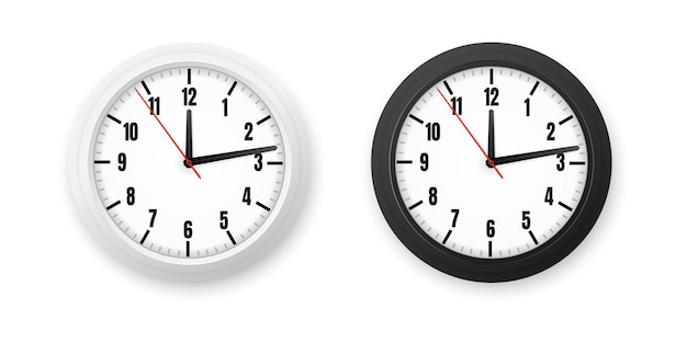 Conjunto con imágenes realistas aisladas del reloj de oficina con modelos blancos y negros en la ilustración de vector de fondo en blanco