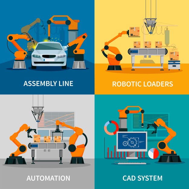 Conjunto de imágenes vectoriales de concepto de automatización con línea de montaje y sistema CAD.