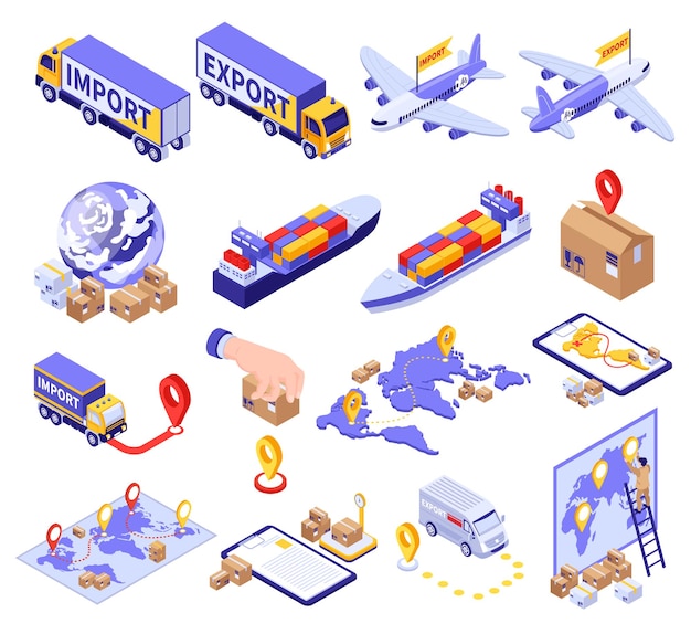 Conjunto de importación de exportación de carga isométrica de iconos aislados con camiones, aviones, barcos, señales de ubicación y rutas, ilustración vectorial