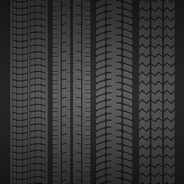 Conjunto de impresiones de diferentes tipos de neumáticos sobre un fondo gris oscuro. Ilustración vectorial