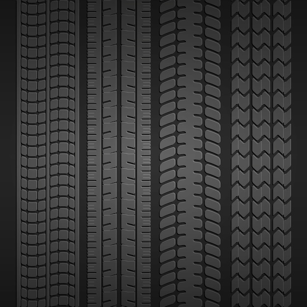 Conjunto de impresiones de diferentes tipos de neumáticos sobre un fondo gris oscuro. Ilustración vectorial