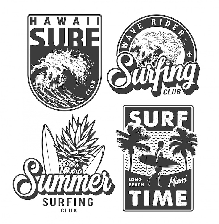 Vector gratuito conjunto de impresiones de surf monocromo vintage
