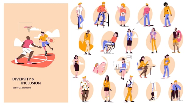 Conjunto de inclusión de diversidad con composiciones planas aisladas de personas discapacitadas en situaciones informales de vida y trabajo ilustración vectorial