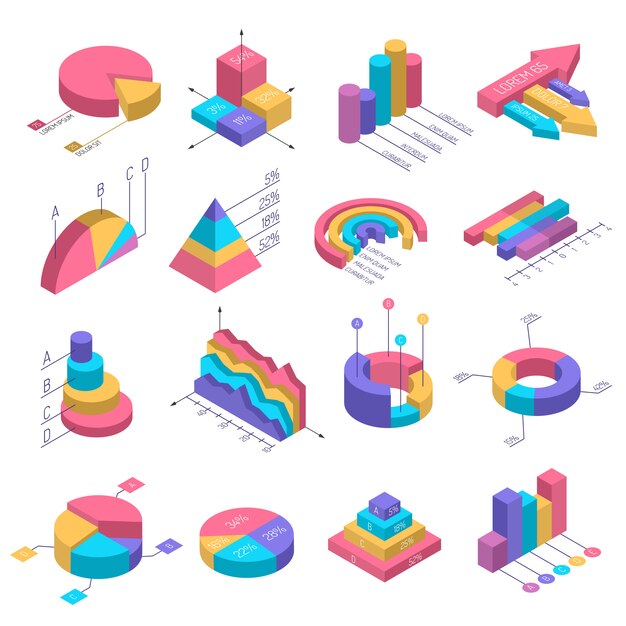 Conjunto de infografía diagramas isométricos